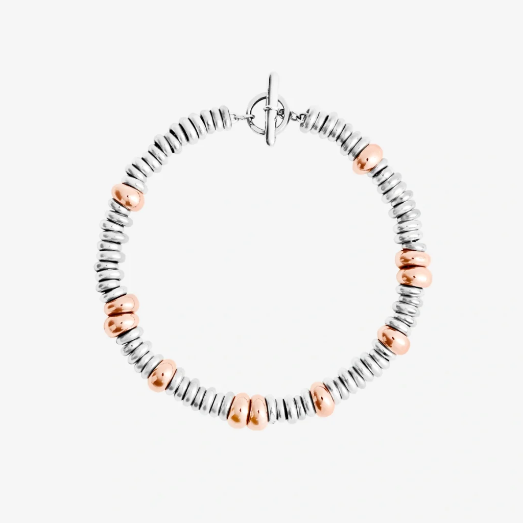 צמיד Rondelle מיקס מכסף סטרלינג 925,עם רונדלי (דגם גדול) מצופה זהב ורוז 18K  בסיס שרשרת כסף סטרלינג 925 וסוגר T-bar, טבעת פתוחה עשויה מפלדת אל-חלד.